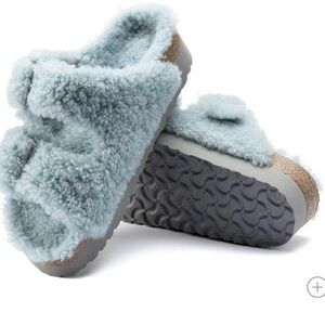 Birkenstock Blue and Gray Plush Slippers with Durable Sole